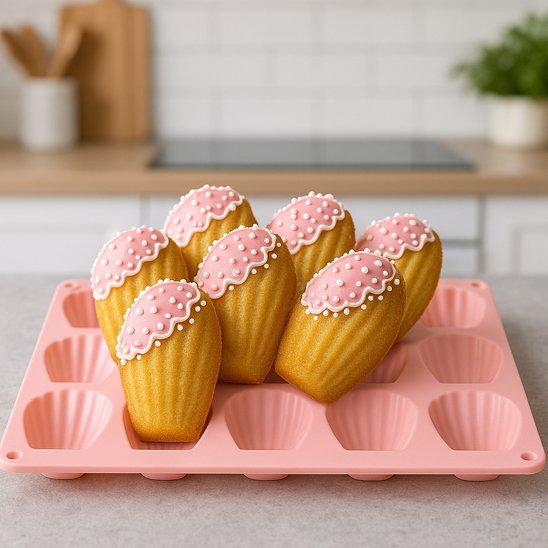Moule à madeleine FlexiBake rose avec 7 madeleines décorés