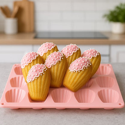 Moule à madeleine FlexiBake rose avec 7 madeleines décorés