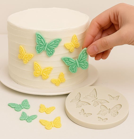 Moules en silicone avec papillons jaunes et verts