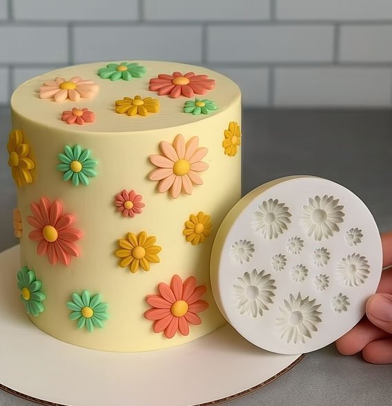 Moule forme de fleur  avec gâteau décoré