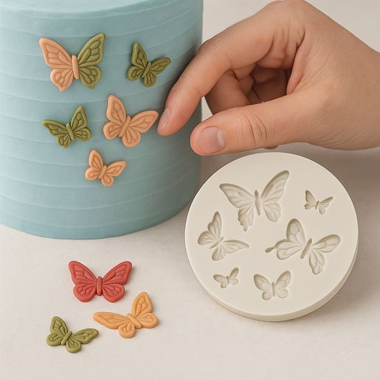 Moules en silicone avec3 papillons rouge, vert et orange