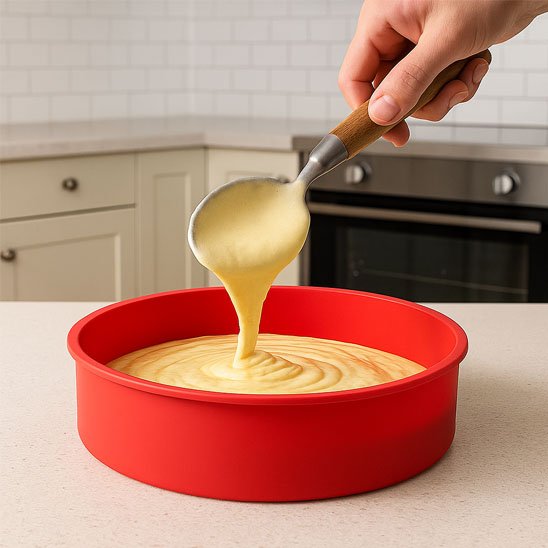 Pâte avec cuillère à la main dans Moules en silicone 