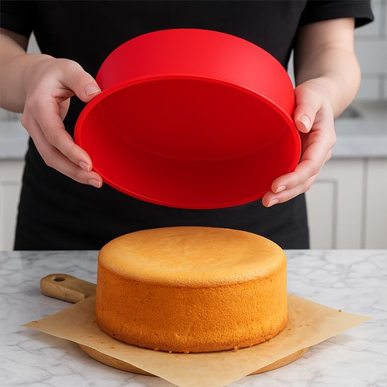 Moules en silicone rouge à l'envers au dessus d'un gâteau