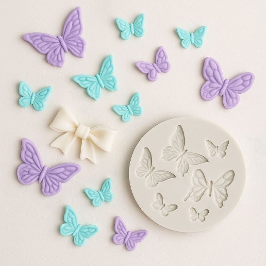 Moules en silicone avec papillons bleu turquoise, mauve pâle et boucle blanche