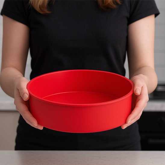 Moules en silicone rouge tenu entre la paume de deux mains