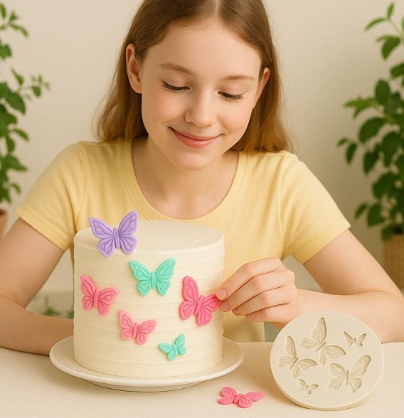 Moules en silicone avec gâteau décoré par des paillons par une fillette